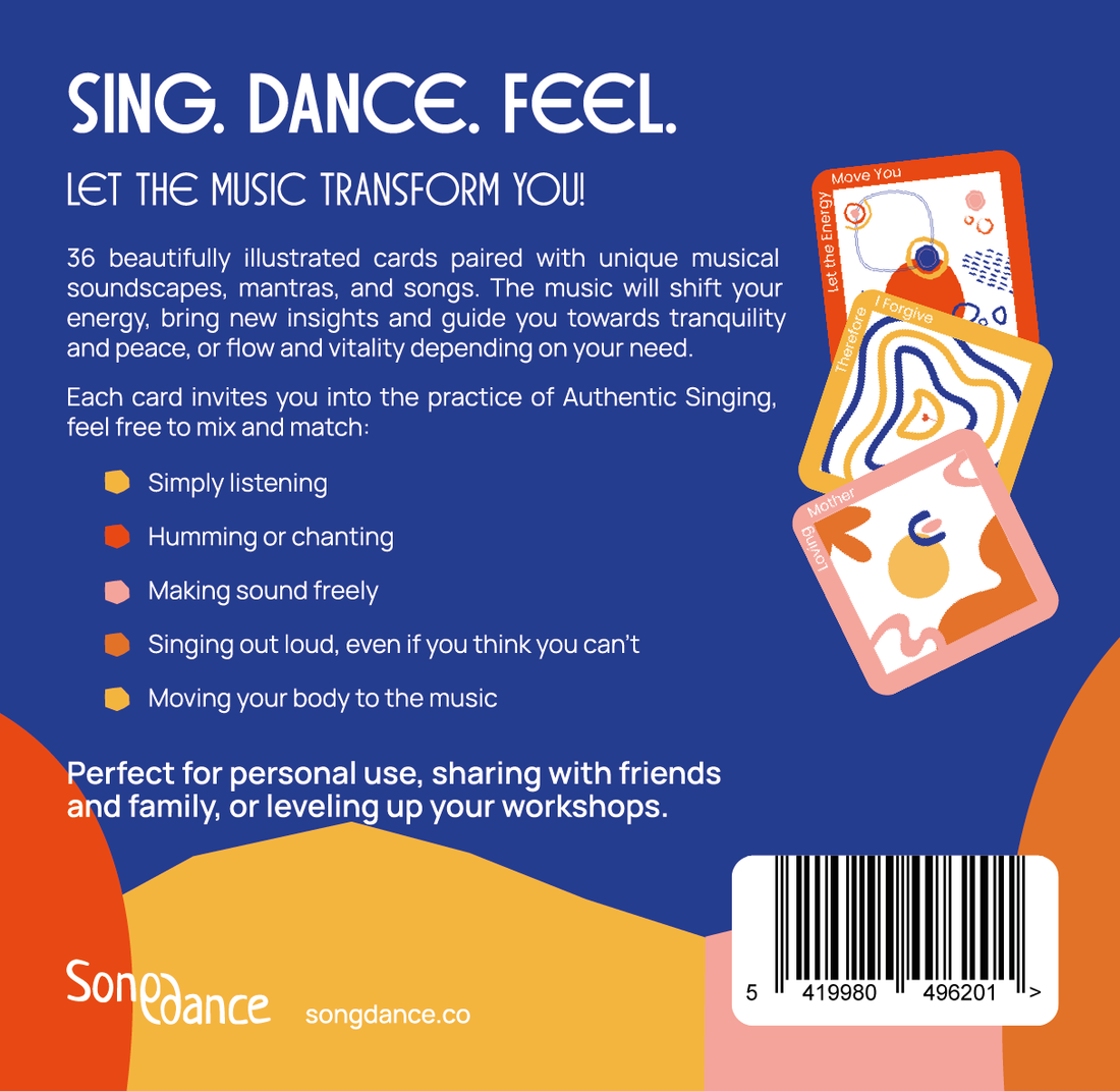 The back of the Songdeck box: 'Sing. Dance. Feel.' with the five ways to use the cards