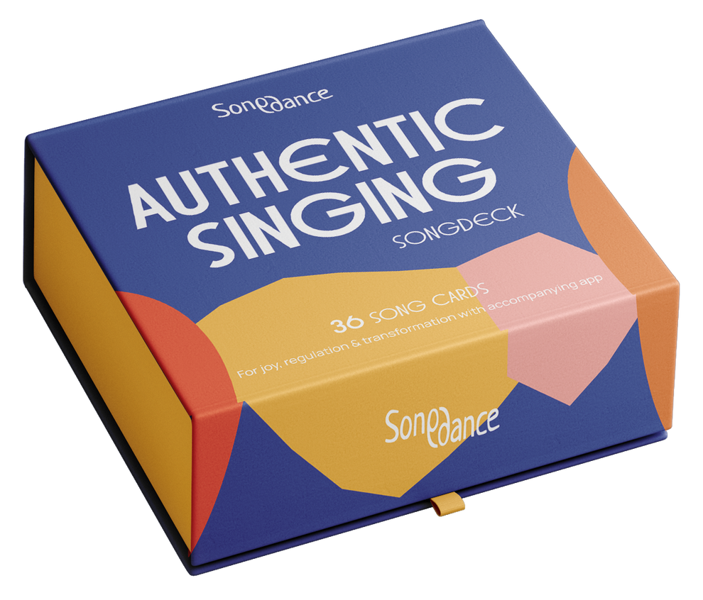 The Songdeck box — deep blue with orange, pink and gold shapes, titled Authentic Singing